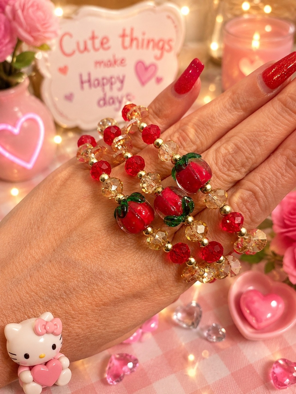 3 Handmade Red & Gold Glass Bead Bracelet with Cherry Accents